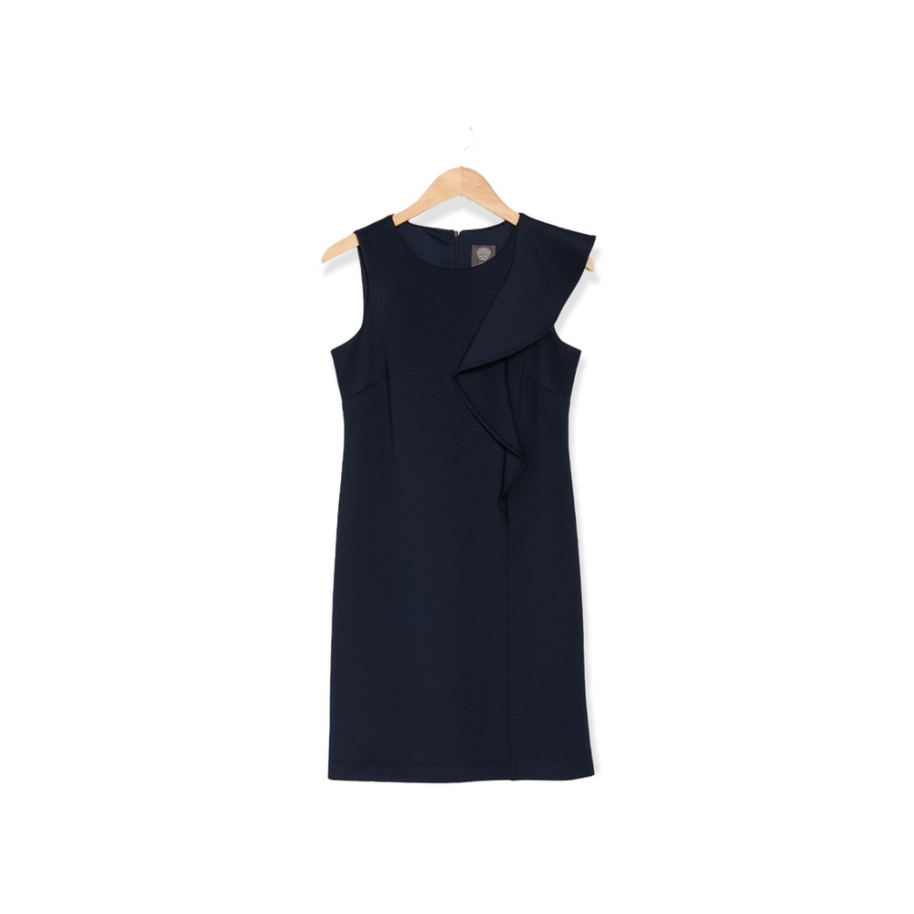 Vince Camuto Navy Blue Sleeveless Ruffle Trim Scuba Sheath Dress - Picture 3 of 5